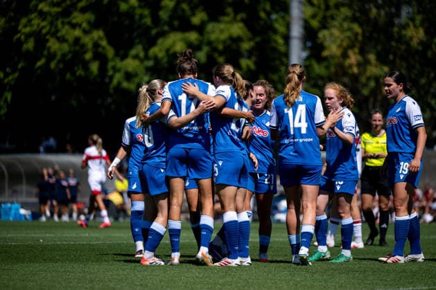 08.08.2026, GER, Fussball, Frauen, Testspiel, Saison 2026 2027, VfB Stuttgart vs TSG 1899 Hoffenheim Nadine Bitzer ( Hoffenheim, 30 ), Franziska Harsch ( Hoffenheim, 17 ), Jonna van de Velde ( Hoffenheim, 25 ), Lisa Doorn ( Hoffenheim, 14 ), Milena Röder ( Hoffenheim, 16 ), Svenja Fölmli ( Hoffenheim, 19 ) jubeln über das Tor zum 1:1, Stuttgart Robert-Schlienz-Stadion Baden-Württemberg Deutschland Copyright: xNordphoto Memmlerx