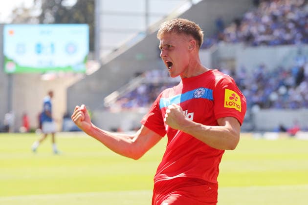 08.08.2026, xtvx, Fussball 2.Bundesliga, SV Darmstadt 98 - Holstein Kiel v.l. Goal scored, Tor zum 0:2 Phil Harres (Holstein Kiel) Torjubel, Goal celebration, celebrate the goal, celebrates scoring (DFL DFB REGULATIONS PROHIBIT ANY USE OF PHOTOGRAPHS as IMAGE SEQUENCES and or QUASI-VIDEO) Darmstadt