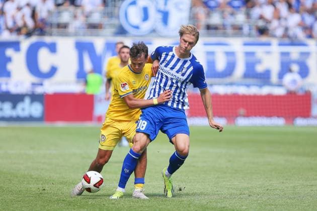 Magdeburg, Sachsen-Anhalt, Deutschland, 08.08.2026: Avnet Arena: 1. Spieltag, Saison 2026 27, 2. Fußball-Bundesliga: 1. FC Magdeburg - Eintracht Braunschweig: Max Marie (15, Eintracht Braunschweig) und Luka Hyryläinen (38, 1. FC Magdeburg) im Zweikampf Copyright: xdtsxNachrichtenagenturx dts_129605