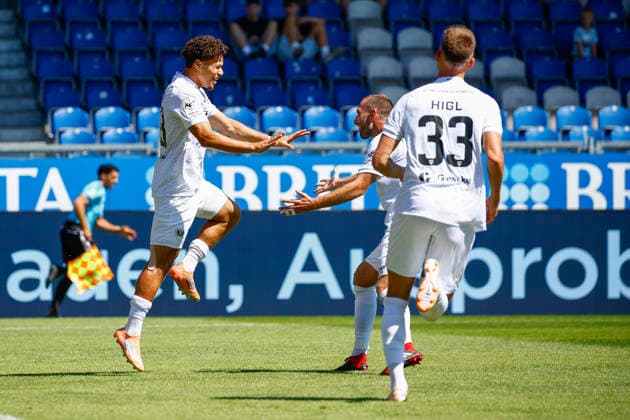 08.08.2026, xavx, Fussball 3.Liga, SV Wehen Wiesbaden - Preußen Münster v.l. Montell Ndikom (Preußen Münster) celebrate the goal, Der Torjubel zum 0:1 (DFL DFB REGULATIONS PROHIBIT ANY USE OF PHOTOGRAPHS as IMAGE SEQUENCES and or QUASI-VIDEO) Wiesbaden