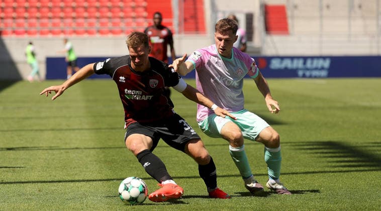 07.08.2026, 3. Liga, FC Ingolstadt 04 - FC Wuerzburger Kickers v.li.: Simon Lorenz (FC Ingolstadt 04), Tim Kraus (FC Wuerzburger Kickers) Ingolstadt Audi-Sportpark Bayern Deutschland