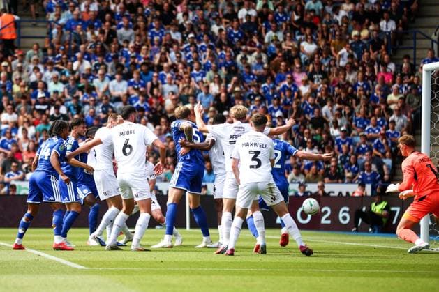 Caleb Okoli of Leicester City scores his sides first goal of the match Leicester City v Northampton Town, EFL Carabao Cup, First Round, Football, King Power Stadium, Leicester, UK - 08 Aug 2026Leicester King Power Stadium United Kingdom EDITORIAL USE ONLY No use with unauthorised audio, video, data, fixture lists, club league logos or live services. Online in-match use limited to 120 images, no video emulation. No use in betting, games or single club league player publications.  Copyright: xMarkxKerton Shutterstockx 17051082ay
