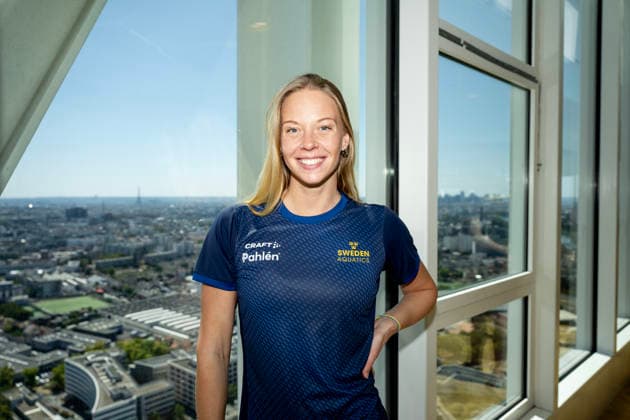 PARIS, FRANKRIKE 20260808 Louise Hansson under en pressträff inför Sim-EM i Paris.