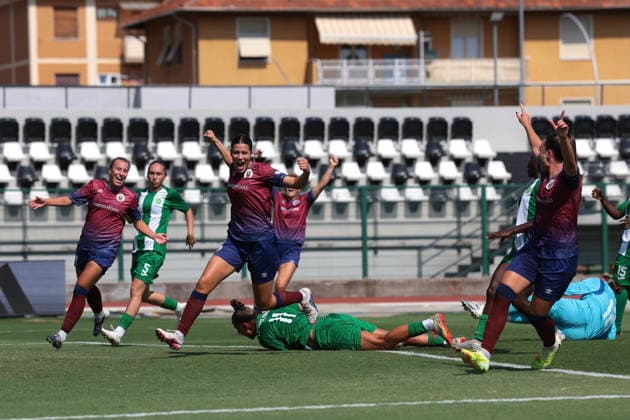 Biella, Italy, 8th August 2026. Ella Rose Tonkin of SCU Torreense celebrates with team mates after scoring to give the side a 2-0 lead during the SCU Torreense vs KFF Apolonia UEFA Womens Champions League Play Offs 3rd place match at Stadio Vittorio Pozzo, Biella. Picture credit should read: Jonathan Moscrop Sportimage EDITORIAL USE ONLY. No use with unauthorised audio, video, data, fixture lists, club league logos or live services. Online in-match use limited to 120 images, no video emulation. No use in betting, games or single club league player publications. SPI_006_TORREENSE_APOLONIA SPI-4905-0006