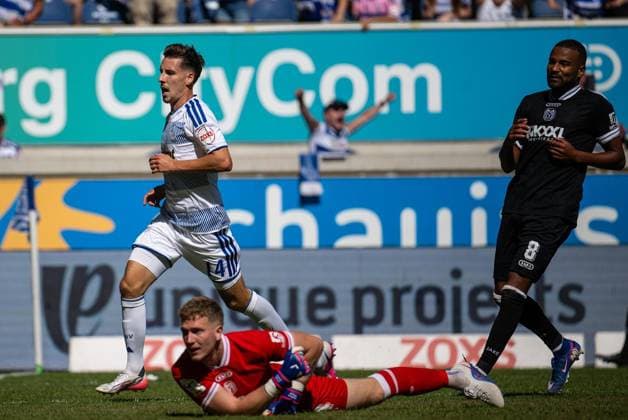 3.Liga MSV Duisburg - SV Meppen ** NUR FÜR REDAKTIONELLE ZWECKE ** EDITORIAL USE ONLY **<p>Fußball 3.Liga MSV Duisburg - SV Meppen am 08.08.26 in der Schauinsland-Reisen Arena in Duisburg Torjubel zum 3:0 durch Conor Noß ( Duisburg ) Duisburg Copyright: JakobxKlos