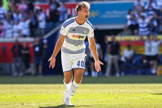 2026.08.08, xkwix, Fußball, 3. Liga, MSV Duisburg - SV Meppen, Schauinsland-Reisen-Arena, 1.Spieltag, Saison 2026 2027: Jubel beim Tor zum 2:0 durch Ben Schlicke (MSV Duisburg 40) DFB regulations prohibit any use of photographs as image sequences and or quasi-video. Photo: xKamilxWilkowskixPressefotoKochx Nordrhein-Westfalen Deutschland