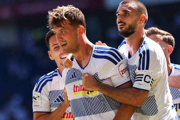 2026.08.08, xkwix, Fußball, 3. Liga, MSV Duisburg - SV Meppen, Schauinsland-Reisen-Arena, 1.Spieltag, Saison 2026 2027: Rasim Bulic (MSV Duisburg 6) jubelt beim Tor zum 2:0 durch Ben Schlicke (MSV Duisburg 40) DFB regulations prohibit any use of photographs as image sequences and or quasi-video. Photo: xKamilxWilkowskixPressefotoKochx Nordrhein-Westfalen Deutschland