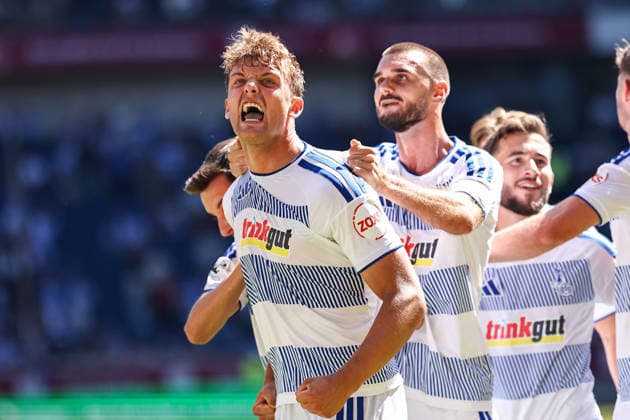 2026.08.08, xkwix, Fußball, 3. Liga, MSV Duisburg - SV Meppen, Schauinsland-Reisen-Arena, 1.Spieltag, Saison 2026 2027: Jubel und schrei beim Tor zum 2:0 durch Ben Schlicke (MSV Duisburg 40) DFB regulations prohibit any use of photographs as image sequences and or quasi-video. Photo: xKamilxWilkowskixPressefotoKochx Nordrhein-Westfalen Deutschland