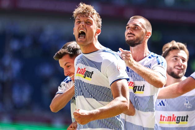 2026.08.08, xkwix, Fußball, 3. Liga, MSV Duisburg - SV Meppen, Schauinsland-Reisen-Arena, 1.Spieltag, Saison 2026 2027: Jubel und schrei beim Tor zum 2:0 durch Ben Schlicke (MSV Duisburg 40) DFB regulations prohibit any use of photographs as image sequences and or quasi-video. Photo: xKamilxWilkowskixPressefotoKochx Nordrhein-Westfalen Deutschland