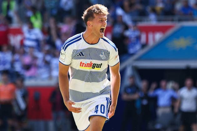2026.08.08, xkwix, Fußball, 3. Liga, MSV Duisburg - SV Meppen, Schauinsland-Reisen-Arena, 1.Spieltag, Saison 2026 2027: Jubel beim Tor zum 2:0 durch Ben Schlicke (MSV Duisburg 40) DFB regulations prohibit any use of photographs as image sequences and or quasi-video. Photo: xKamilxWilkowskixPressefotoKochx Nordrhein-Westfalen Deutschland