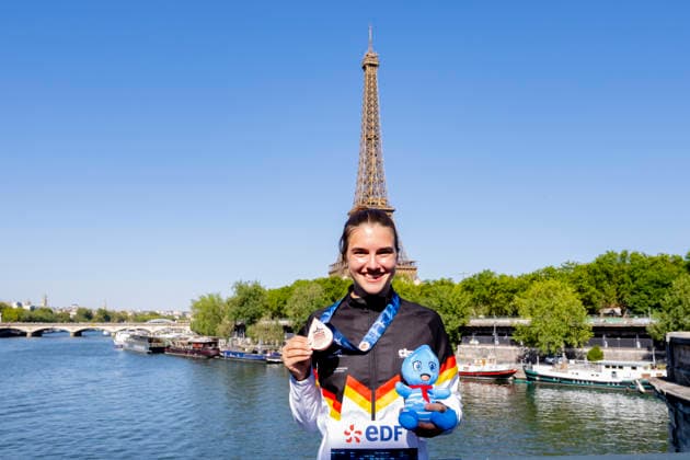 France, Paris, Seine River, Bir-Hakeim, 08.08.2026, European Aquatics Championships Artistic Swimming, Day 9, Women™s 20m Platform, Maike Halbisch of Germany, Photo by Eibner Pressefoto Tino Henschel European Aquatics Championships Artistic Swimming, Day 9, Women™s 20m Platform Paris Copyright: xEibnerxPressefotox