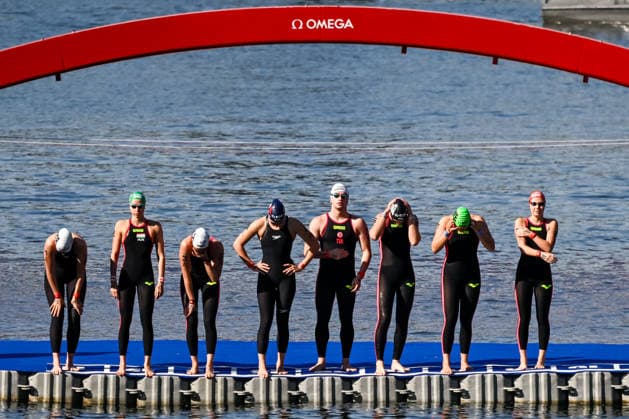 Athletes prepare to compete in the open water swimming 4x1500m Mixed Relay Final during the European Aquatics Championships at the River Seine in Paris (France), August 8, 2026. Andrea Masini Deepbluemedia Insidefoto