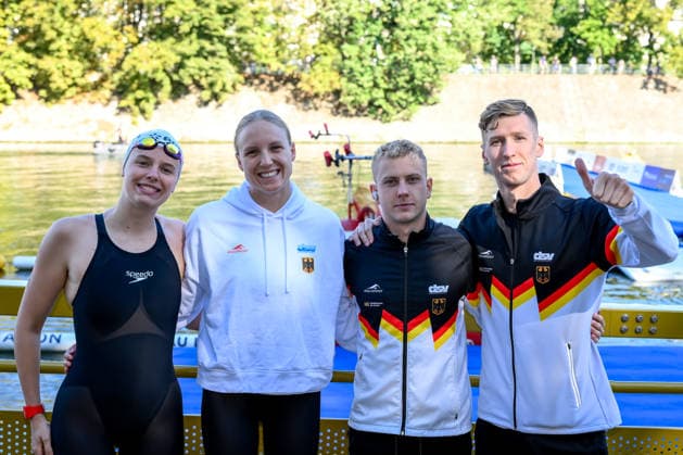 Julia Ackermann, Isabel Gose, Oliver Klemet, Florian Wellbrock of Germany prepare to compete in the open water swimming 4x1500m Mixed Relay Final during the European Aquatics Championships at the River Seine in Paris (France), August 8, 2026. Andrea Staccioli