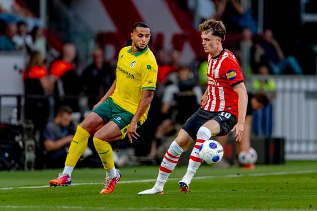 EINDHOVEN - Fortuna Sittard midfielder Mohamed Ihattaren, PSV Eindhoven midfielder Paul Wanner during the Vriendenloterij Eredivisie match between PSV and Fortuna Sittard at Philips Stadion on August 8, 2026 in Eindhoven, Netherlands. (Photo by DeFodi Images) -