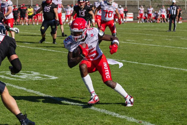 Keyshawn Smith Düsseldorf Panther vs Potsdam Royals Keyshawn Smith Wide Receiver 15 Düsseldorf Panther vs Potsdam Royals im Panther Stadion in Düsseldorf (Deutschland, Nordrhein Westfalen). American Football, 09. Spieltag der Effect Energy GFL Saison 2026. Endstand: 00:49