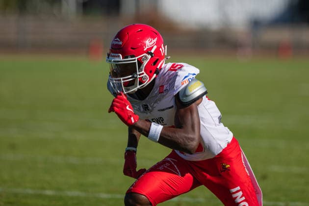 Keyshawn Smith Düsseldorf Panther vs Potsdam Royals Keyshawn Smith Wide Receiver 15 Düsseldorf Panther vs Potsdam Royals im Panther Stadion in Düsseldorf (Deutschland, Nordrhein Westfalen). American Football, 09. Spieltag der Effect Energy GFL Saison 2026. Endstand: 00:49
