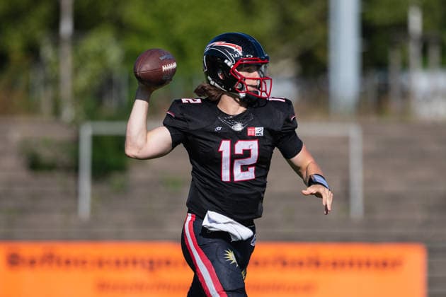 Dawson Herl Düsseldorf Panther vs Potsdam Royals Dawson Herl Quarterback 12 Düsseldorf Panther vs Potsdam Royals im Panther Stadion in Düsseldorf (Deutschland, Nordrhein Westfalen). American Football, 09. Spieltag der Effect Energy GFL Saison 2026. Endstand: 00:49