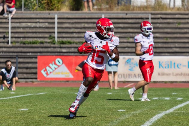 Keyshawn Smith Düsseldorf Panther vs Potsdam Royals Keyshawn Smith Wide Receiver 15 Düsseldorf Panther vs Potsdam Royals im Panther Stadion in Düsseldorf (Deutschland, Nordrhein Westfalen). American Football, 09. Spieltag der Effect Energy GFL Saison 2026. Endstand: 00:49