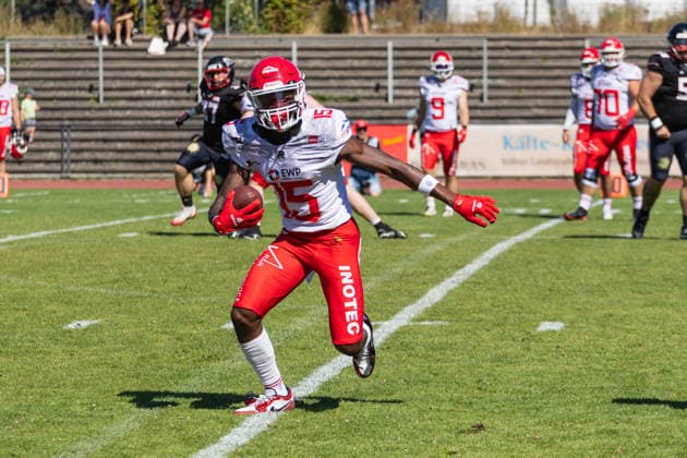 Keyshawn Smith Düsseldorf Panther vs Potsdam Royals Keyshawn Smith Wide Receiver 15 Düsseldorf Panther vs Potsdam Royals im Panther Stadion in Düsseldorf (Deutschland, Nordrhein Westfalen). American Football, 09. Spieltag der Effect Energy GFL Saison 2026. Endstand: 00:49