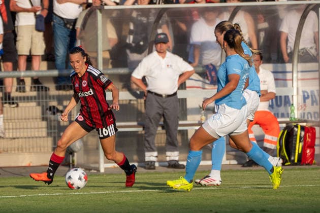 08.08.2026, xhfmx, Fussball UEFA WCLQ, Eintracht Frankfurt - Malmö FF v.l. Hayley Raso (Eintracht Frankfurt, 16) (DFL DFB REGULATIONS PROHIBIT ANY USE OF PHOTOGRAPHS as IMAGE SEQUENCES and or QUASI-VIDEO) Frankfurt