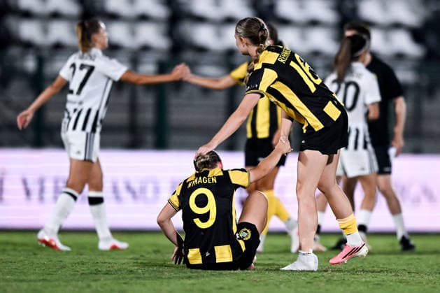 260808 Mari Nyhagen and Svea Rehnberg of Hammarby looks dejected after the Women s Champions League qualifying match between Juventus and Hammarby on August 8, 2026 in Turin. Photo: Daniele Buffa BILDBYRAN COP 18 XY0123 fotboll football soccer fotball uefa womens champions league juventus hammarby dam bbeng depp Copyright: DANIELExBUFFA BB260808BB690