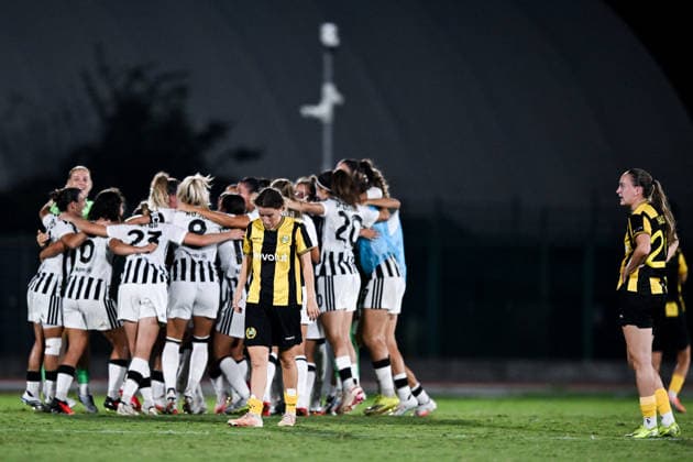 260808 Players of Juventus celebrate and players of Hammarby looks dejected after the Women s Champions League qualifying match between Juventus and Hammarby on August 8, 2026 in Turin. Photo: Daniele Buffa BILDBYRAN COP 18 XY0123 fotboll football soccer fotball uefa womens champions league juventus hammarby dam bbeng depp jubel Copyright: DANIELExBUFFA BB260808BB703