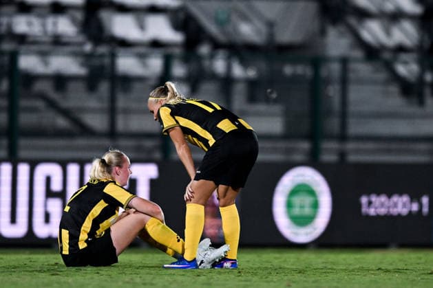 260808 Emilie Bragstad and Stina Lennartsson of Hammarby looks dejected after the Women s Champions League qualifying match between Juventus and Hammarby on August 8, 2026 in Turin. Photo: Daniele Buffa BILDBYRAN COP 18 XY0123 fotboll football soccer fotball uefa womens champions league juventus hammarby dam bbeng depp Copyright: DANIELExBUFFA BB260808BB706