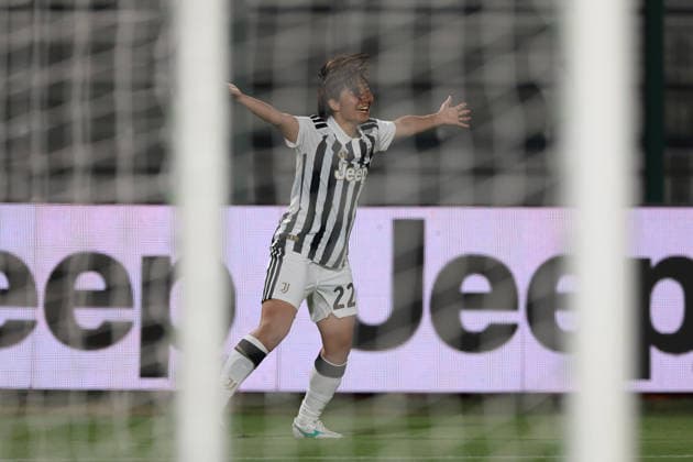 Biella, Italy, 8th August 2026. Remina Chiba of Juventus celebrates after scoring to give the side a 3-1 lead during the Juventus Women vs Hammarby IF UEFA Womens Champions League match at Stadio Vittorio Pozzo, Biella. Picture credit should read: Jonathan Moscrop Sportimage EDITORIAL USE ONLY. No use with unauthorised audio, video, data, fixture lists, club league logos or live services. Online in-match use limited to 120 images, no video emulation. No use in betting, games or single club league player publications. SPI_017_JM_JUVE_HAMMARBY_UWCL SPI-4904-0017