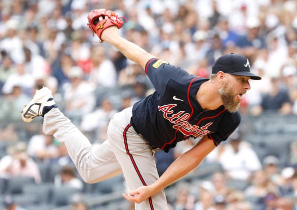Atlanta Braves starting pitcher C. Sale throws a pitch in the 3rd inning against the New York Yankees at Yankee Stadium on Saturday, August 8, 2026 in New York City.  NYP20260808115 JOHNxANGELILLO