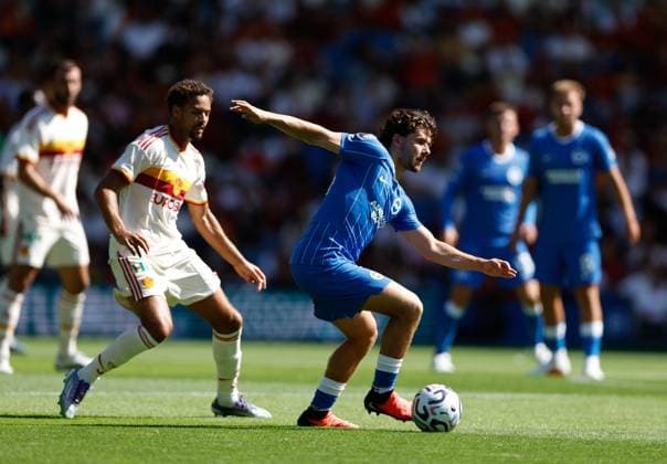Ferdi Kadioglu of Brighton and Hove Albion gets away from Devyne Rensch of AS Roma Brighton and Hove Albion v Roma, Pre Season Friendly, Football, American Express Community Stadium, Brighton, UK - 08 Aug 2026Brighton American Express Community Stadi United Kingdom EDITORIAL USE ONLY No use with unauthorised audio, video, data, fixture lists, club league logos or live services. Online in-match use limited to 120 images, no video emulation. No use in betting, games or single club league player publications.  Copyright: xMattxImpey Shutterstockx 17050873eq