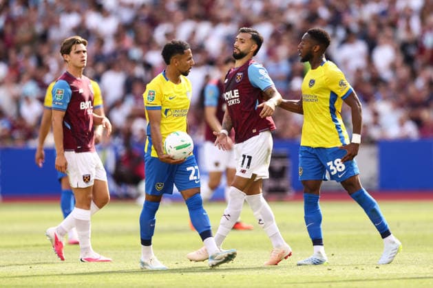 West Ham United v Portsmouth 08 August 2026, London - Carabao Cup - First Round - West Ham United v Portsmouth - Valentin Taty Castellanos of West Ham United is pushed by Ebou Adams of Portsmouth - Photo: Jacques Feeney Offside. London UK Copyright: xJacquesxFeeneyx xOffsidexOffside