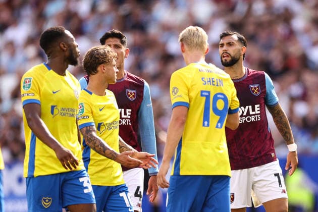 West Ham United v Portsmouth 08 August 2026, London - Carabao Cup - First Round - West Ham United v Portsmouth - Valentin Taty Castellanos of West Ham United argues with Ebou Adams of Portsmouth - Photo: Jacques Feeney Offside. London UK Copyright: xJacquesxFeeneyx xOffsidexOffside