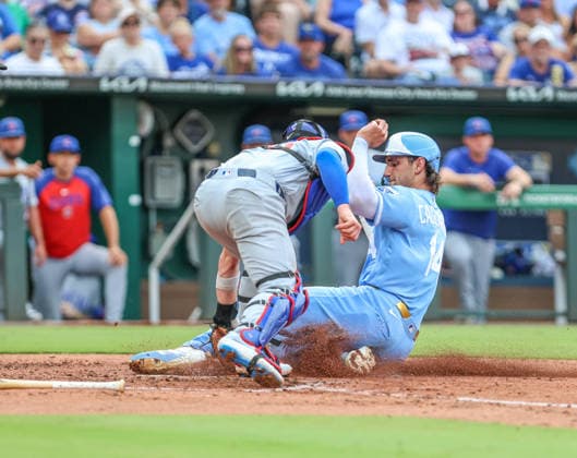 AUG 08, 2026: Kansas City Royals outfielder Jac Caglianone (14) slides into home plate and gets tagged out by Chicago Cubs catcher Carson Kelly (15) in the 3rd inning against the Chicago Cubs at Kauffman Stadium Kansas City, MO. CSM Kansas City United States - ZUMAc04_ 20260808_zma_c04_332 Copyright: xRomanxPunox