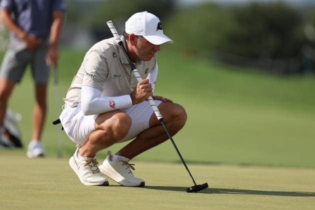 BEDMINSTER, NJ - AUGUST 08: Sergio Garcia of the LIV Golf League lines up his putt on the 15th hole during the third round of LIV Golf New York on August 8, 2026 at Trump National Golf Club in Bedminster, New Jersey. (Photo by Andrew Mordzynski Icon Sportswire) GOLF: AUG 08 LIV Golf New York EDITORIAL USE ONLY Icon2608088160562