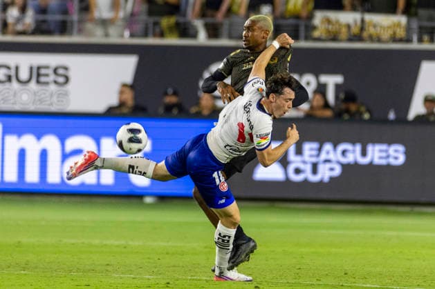August 8, 2026, Los Angeles, California, USA: Los Angeles FC defender Nkosi Tafari Burgess (91) and Toluca FC forward Federico SebastioÂ¡n VioÂ±as Barboza (16) vie for the ball during a Leagues Club soccer match on Saturday, Aug. 8, 2026 in Los Angeles. Los Angeles USA - ZUMAc68_ 20260808_zaf_c68_002 Copyright: xRingoxChiux