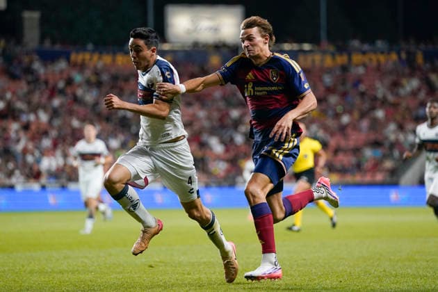 SANDY, UT - AUGUST 08: Sergi Solans 22 of Real Salt Lake and Eduardo Tercero 4 of Atlante FC run downfield during the Leagues Cup Phase One match between Atlante FC and Real Salt Lake on August 8, 2026 at America First Field in Sandy, UT. (Photo by Aaron Baker Icon Sportswire) SOCCER: AUG 08 Leagues Cup Salt Lake vs Atlante EDITORIAL USE ONLY Icon260808046