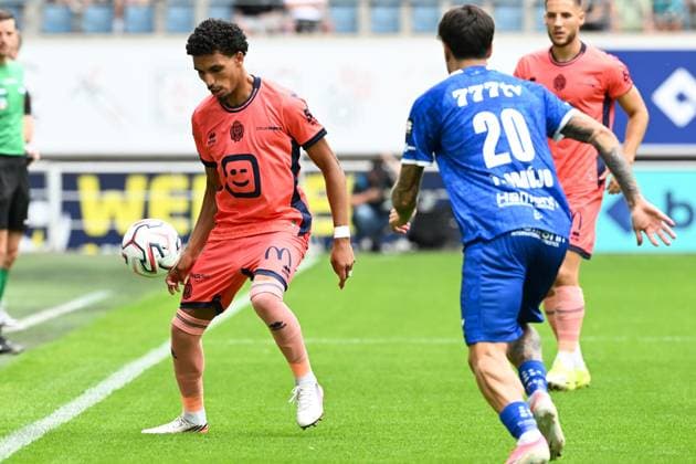 Mechelen s Bilal Bafdili and Gent s Filipe Alves Tiago pictured in action at a soccer match between KAA Gent and KV Mechelen, Sunday 9 August 2026 in Gent, on day 1 of the 2026-2027 Jupiler Pro League first division of the Belgian championship. JILLxDELSAUX  x183010670x