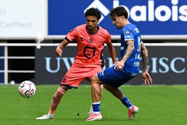 Mechelen s Bilal Bafdili and Gent s Filipe Alves Tiago pictured in action at a soccer match between KAA Gent and KV Mechelen, Sunday 9 August 2026 in Gent, on day 1 of the 2026-2027 Jupiler Pro League first division of the Belgian championship. JILLxDELSAUX  x183011506x
