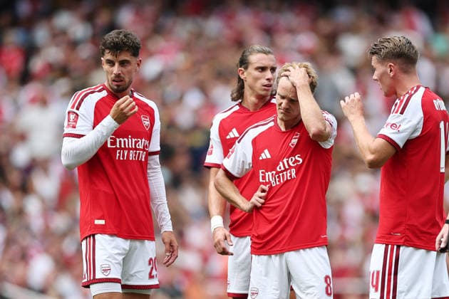 London, England, 9th August 2026. Arsenal™s Martin Odegaard and Kai Havertz of Arsenal look on dejected during the Arsenal vs Borussia Dortmund Pre Season Friendly match at the Emirates Stadium, London. Picture credit should read: David Klein Sportimage EDITORIAL USE ONLY. No use with unauthorised audio, video, data, fixture lists, club league logos or live services. Online in-match use limited to 120 images, no video emulation. No use in betting, games or single club league player publications. SPI_DK_005_Arsenal_Dortmund SPI-4895-0005