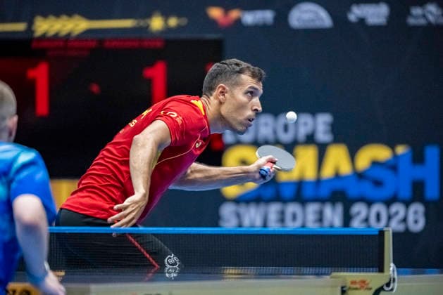 MALMÖ 2026-08-09 Alvaro Robles of Spain serves against Nikita Artemenko of Russia in the second qualifying round of the WTT Europe Smash Sweden 2026 Table tennis, Tischtennis tournament at Baltiska Hallen in Malmö, Sweden, on August 9, 2026. MALMÖ SWEDEN x50090x