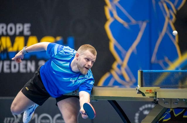 MALMÖ 2026-08-09 Nikita Artemenko of Russia saves a corner ball in the match against Alvaro Robles of Spain in the second qualifying round of the WTT Europe Smash Sweden 2026 Table tennis, Tischtennis tournament at Baltiska Hallen in Malmö, Sweden, on August 9, 2026. MALMÖ SWEDEN x50090x