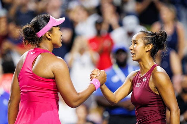 August 9, 2026, Toronto, On, Canada: Naomi Osaka of Japan, left, shakes hands with Leylah Fernandez of Canada after defeating her 6-4, 6-4, during round of 16 National Bank Open Tennis action in Toronto, on Sunday, Aug. 9, 2026. Canada News - August 9, 2026 - ZUMAc35_ 20260809_zaf_c35_142 Copyright: xKeitoxNewmanx