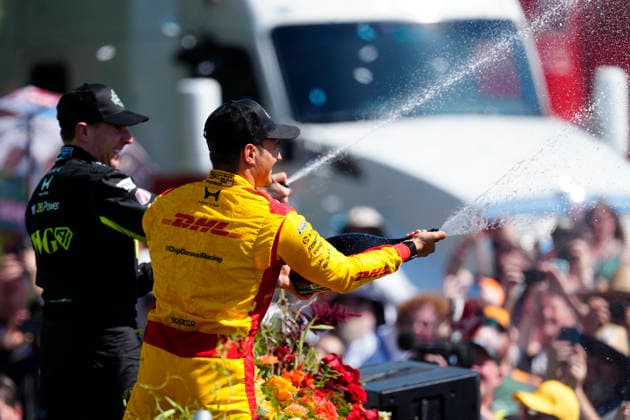August 9, 2026, Portland, Oregon, USA: Alex Palou, (winner) driver of the 10 Chip Ganassi Racing Honda, and Will Power, (3rd place) driver of the 26 Andretti Global Honda celebrate on the podium at the IndyCar, Indy Car, IRL, USA Grand Prix of Portland at the Portland International Raceway. IndyCar Portland Grand Prix - ZUMAd212 20260809_zsp_d212_026 Copyright: xRichardxDolex