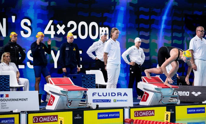 260810 Sofia Astedt, Hanna Bergman, Thilda Häll and Elvira Mörtstrand of Sweden in women™s 4x200 meters freestyle swimming relay heats during day eleven of the 2026 European Aquatics Championships on August 10, 2026 in Saint-Denis. Photo: Joel Marklund BILDBYRAN kod JM JM0838 bbeng simning swimming svomming 2026 european aquatics championships em dam Sverige lagkapp Copyright: JOELxMARKLUND BB260810JM052