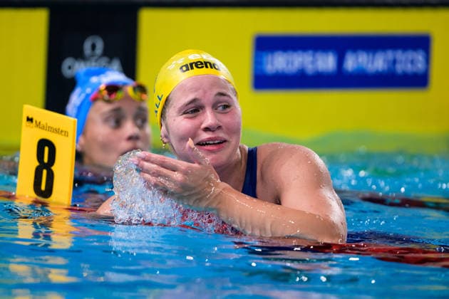 260810 Thilda Häll of Sweden reacts after competing in women™s 800 meters freestyle swimming heats during day eleven of the 2026 European Aquatics Championships on August 10, 2026 in Saint-Denis. Photo: Joel Marklund BILDBYRAN kod JM JM0838 bbeng simning swimming svomming 2026 european aquatics championships em dam Sverige Sweden jubel Copyright: JOELxMARKLUND BB260810JM055