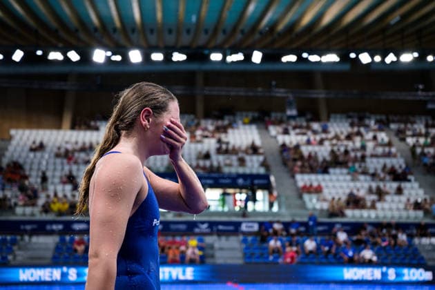 260810 Thilda Häll of Sweden reacts after competing in women™s 800 meters freestyle swimming heats during day eleven of the 2026 European Aquatics Championships on August 10, 2026 in Saint-Denis. Photo: Joel Marklund BILDBYRAN kod JM JM0838 bbeng simning swimming svomming 2026 european aquatics championships em dam Sverige Sweden jubel Copyright: JOELxMARKLUND BB260810JM059