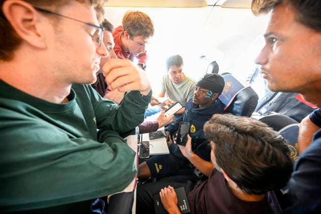 Bodo Glimt v Royale Union Saint-Gilloise - UEFA Champions League Media Activities 10 08 2026 BODO, NORWAY - AUGUST 10 : Fuseini Mohammed Gadafi forward of Royale Union Saint-Gilloise talking to the press during the flight towards Bodo prior the UEFA Champions League 2026 27 third qualifying round second leg between Bodo Glimt and Royale Union Saint-Gilloise on August 10, 2026 in Bodo, Norway, 10 08 2026 Bodo Norway  Copyright: xNicoxVereeckenx