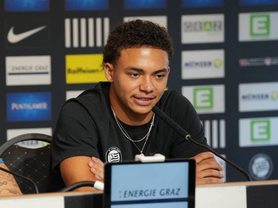 SOCCER - UEFA CL, Sturm vs Fenerbahce GRAZ,AUSTRIA,10.AUG.26 - SOCCER - UEFA Champions League, qualification, Sturm Graz vs Fenerbahce Istanbul, preview, press conference, PK, Pressekonferenz Sturm. Image shows Jakob Peter Hoedl (Sturm).  GEPAxpictures xMichaelxRiedler