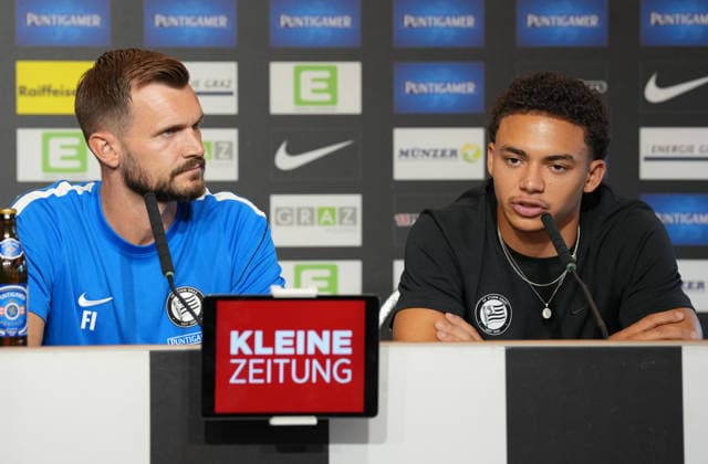 SOCCER - UEFA CL, Sturm vs Fenerbahce GRAZ,AUSTRIA,10.AUG.26 - SOCCER - UEFA Champions League, qualification, Sturm Graz vs Fenerbahce Istanbul, preview, press conference, PK, Pressekonferenz Sturm. Image shows head coach Fabio Ingolitsch and Jakob Peter Hoedl (Sturm).  GEPAxpictures xMichaelxRiedler