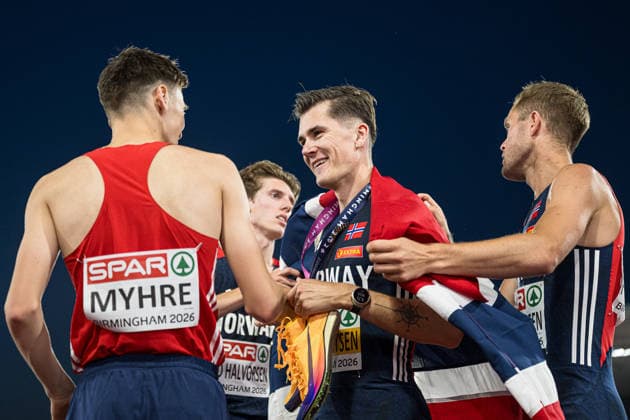 260810 Magnus Tuv Myhre of Norway, Andreas Fjeld Halvorsen of Norway, Jakob Asserson Ingebrigtsen and Filip Mangen Ingebrigtsen of Norway of Norway celebrate after men s 5000 meter in during day 1 of the 2026 European Athletics Championships on August 10, 2026 in Birmingham. Photo: Mathias Bergeld BILDBYRAN kod MB MT1064 friidrott athletics friidrett friidrotts-em em friidretts-em 2026 european athletics championships 1 bbeng jubel norge Copyright: MATHIASxBERGELD BB260810MB114